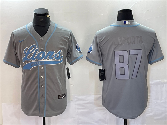Men's Detroit Lions #87 Sam LaPorta Gray Cool Base Stitched Baseball Jersey